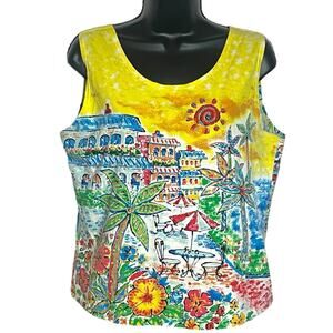 VTG NANCY BOLEN 90s Y2K TANK TOP COLORFUL RETRO SEQUIN SUMMER ALL OVER PRINT M
